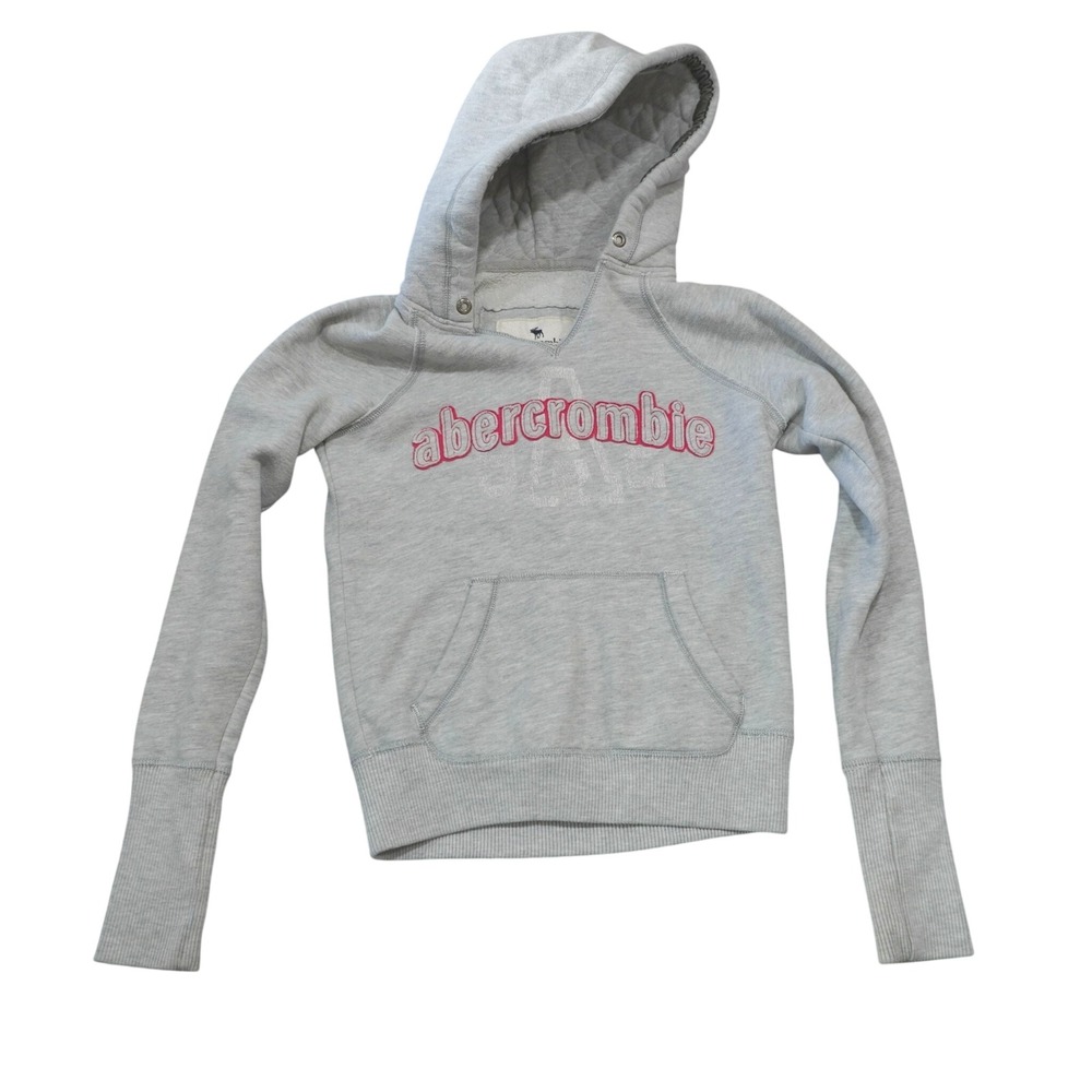 Abercrombie Girls Large Gray Pink Embroidered Logo Quilted Hood Pullover Hoodie